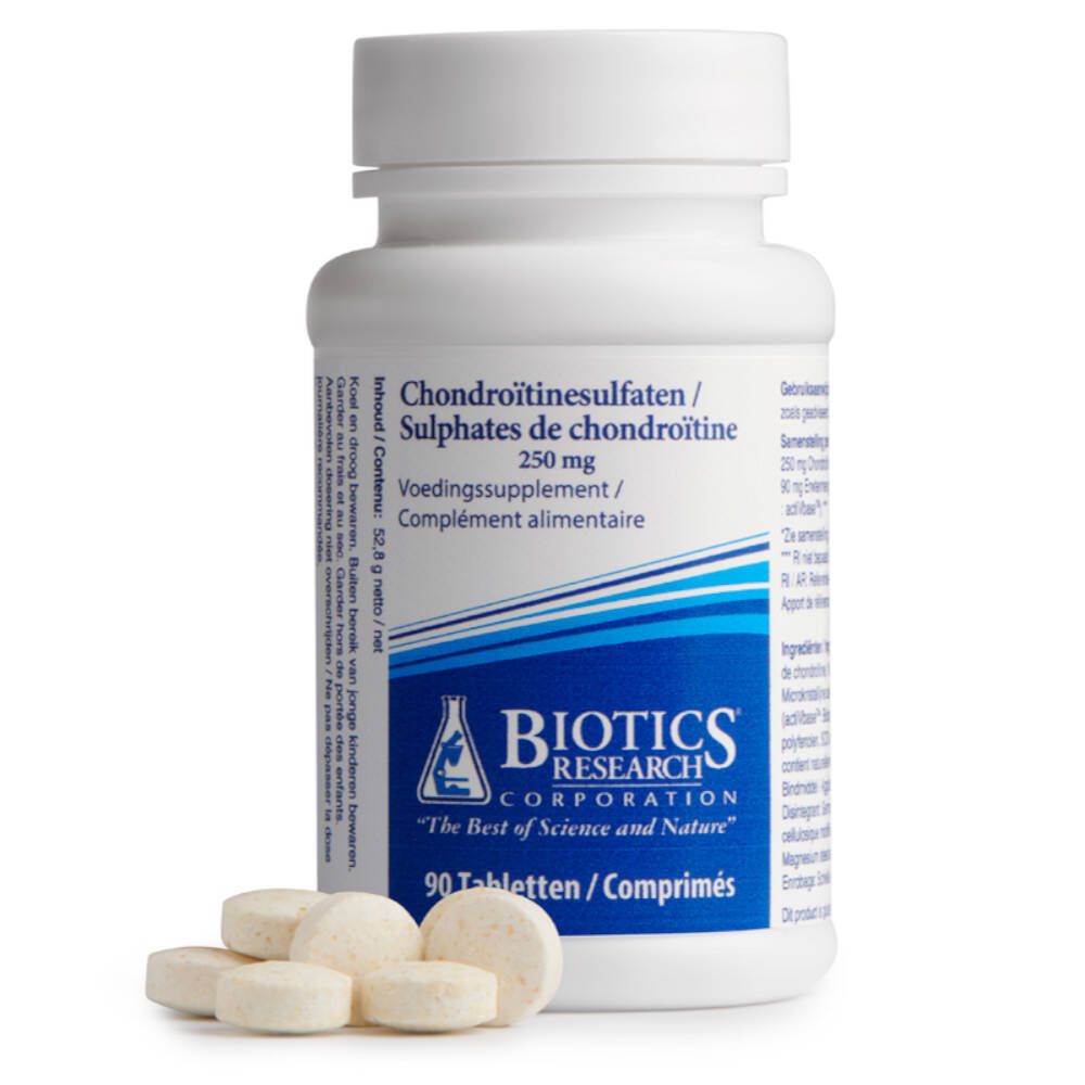 Weiße Tabletten neben einer weißen Flasche. Aufschrift: Chondroitinsulfaten, 250 mg, 90 Tabletten. Marke: Biotics Research.