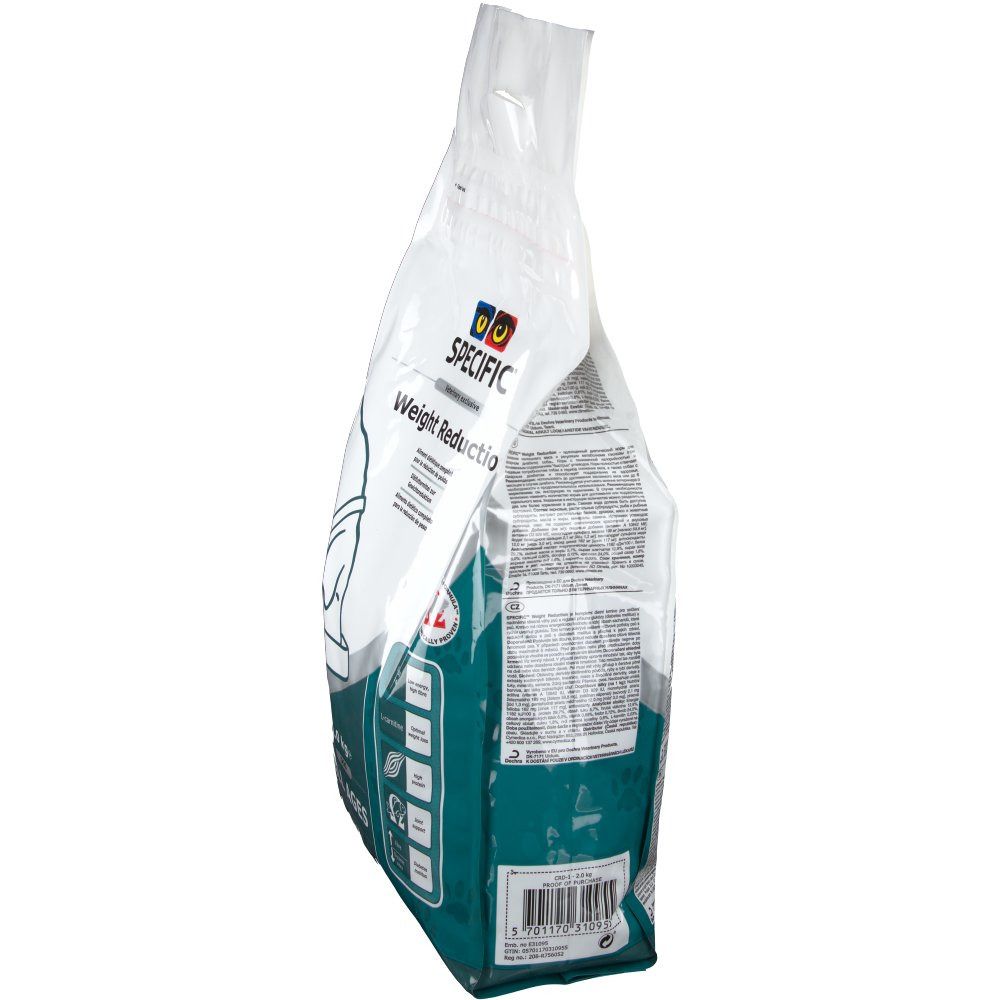 Vue latérale du sac de nourriture pour chiens SPECIFIC Weight Reduction. Texte et logos sur l'emballage. Fond blanc.