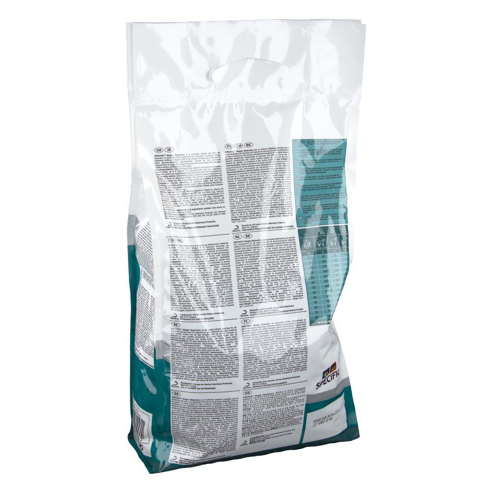 Dos du sac de nourriture pour chiens SPECIFIC Weight Reduction. Texte en plusieurs langues. Informations sur l'alimentation.