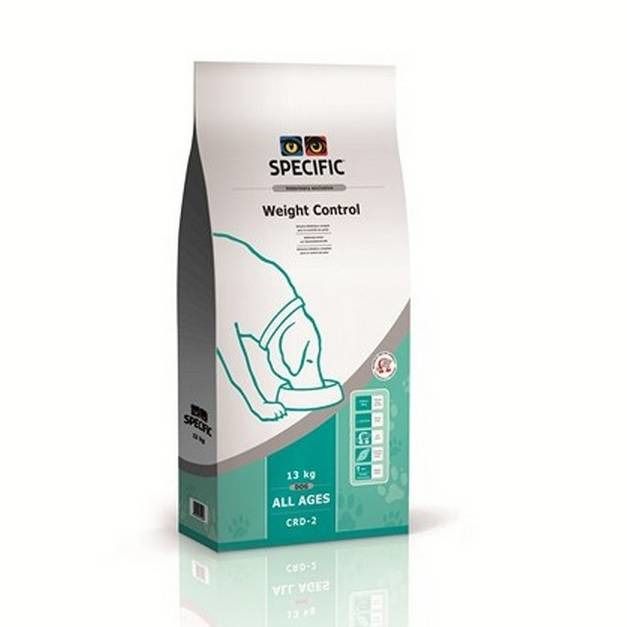 Verpackung für Hundefutter. Marke SPECIFIC, Produktname Weight Control. Enthält 13 kg. Geeignet für alle Altersgruppen.