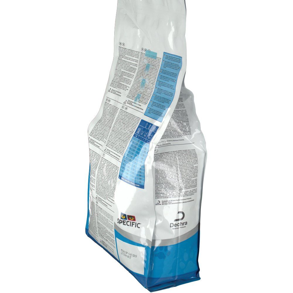 Sacchetto con stampa del prodotto. "SPECIFIC Kidney Support" e loghi. Confezione blu e bianca. Vista laterale.