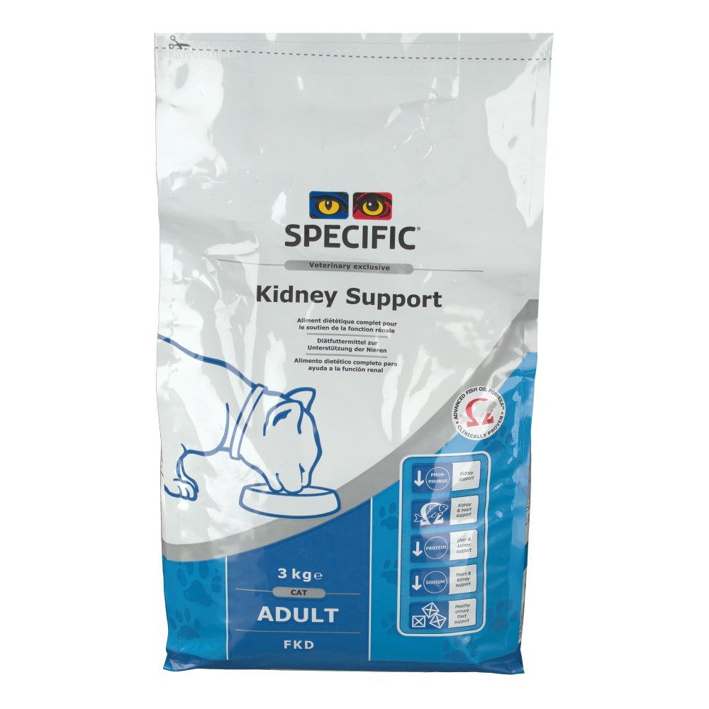 Sacchetto con stampa del prodotto. "SPECIFIC Kidney Support Adult" e loghi. Contiene l'immagine di un gatto. 3 kg.