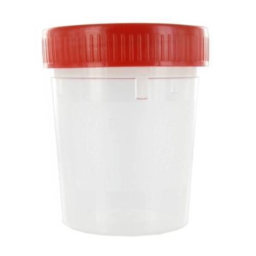 Gobelet avec couvercle rouge. Plastique transparent. Forme cylindrique.