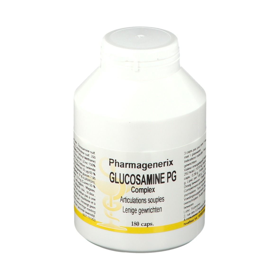 Flacon blanc avec bouchon à vis. Inscription: Pharmagenerix GLUCOSAMINE PG Complex. 180 capsules. Texte en français et néerlandais.