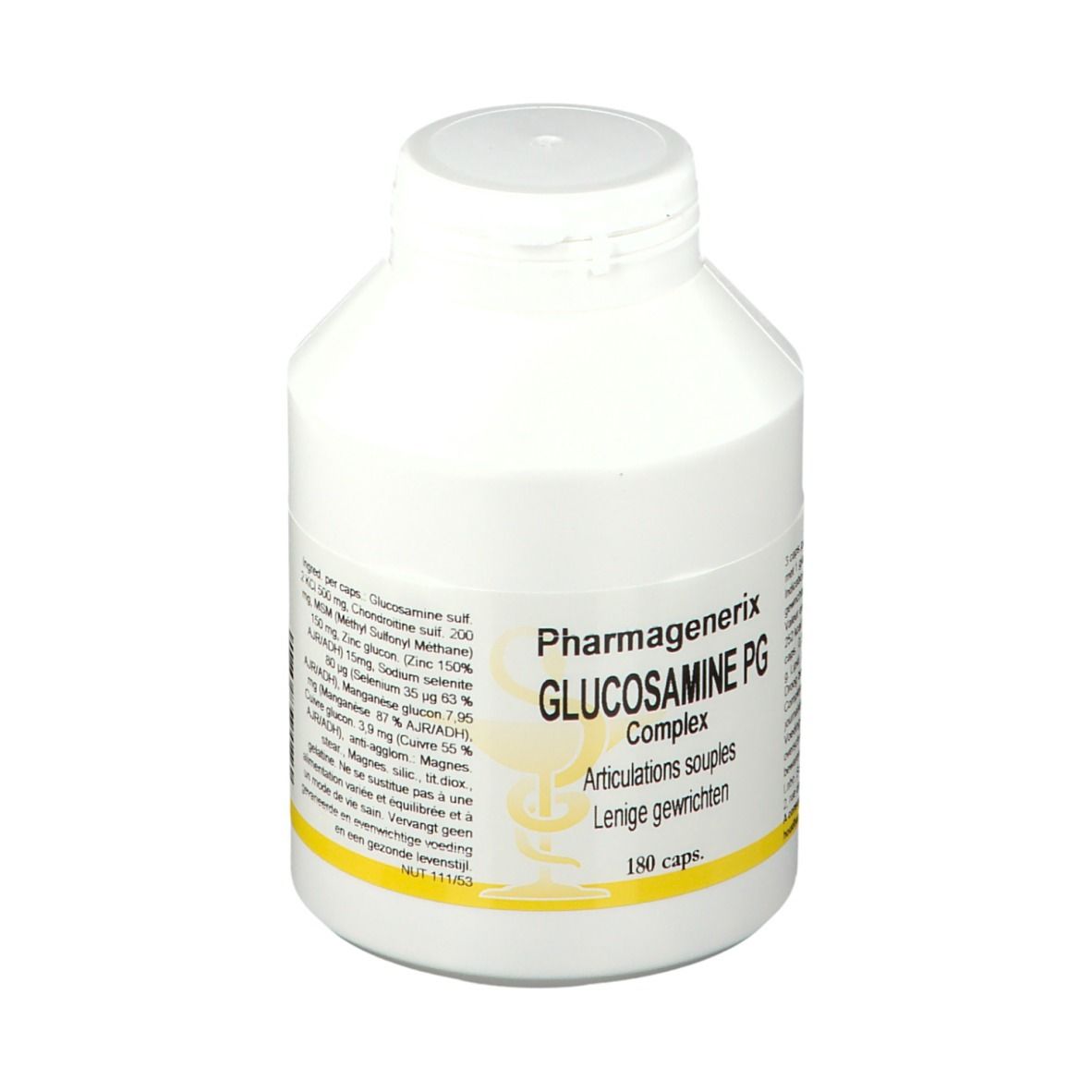 Flacon blanc avec bouchon à vis. Inscription: Pharmagenerix GLUCOSAMINE PG Complex. 180 capsules. Texte en français et néerlandais.