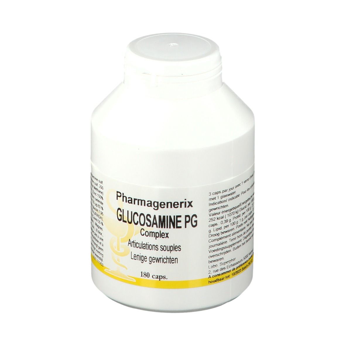 Flacon blanc avec bouchon à vis. Inscription et texte en français et néerlandais. 180 capsules. Bande jaune en bas.
