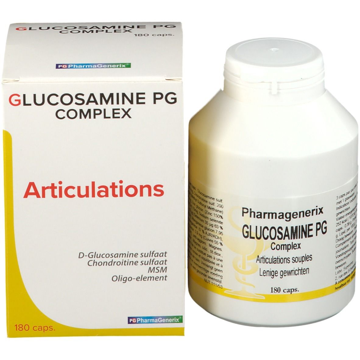 Flacon blanc et boîte. Inscription: GLUCOSAMINE PG COMPLEX. 180 capsules. Texte en français et néerlandais.