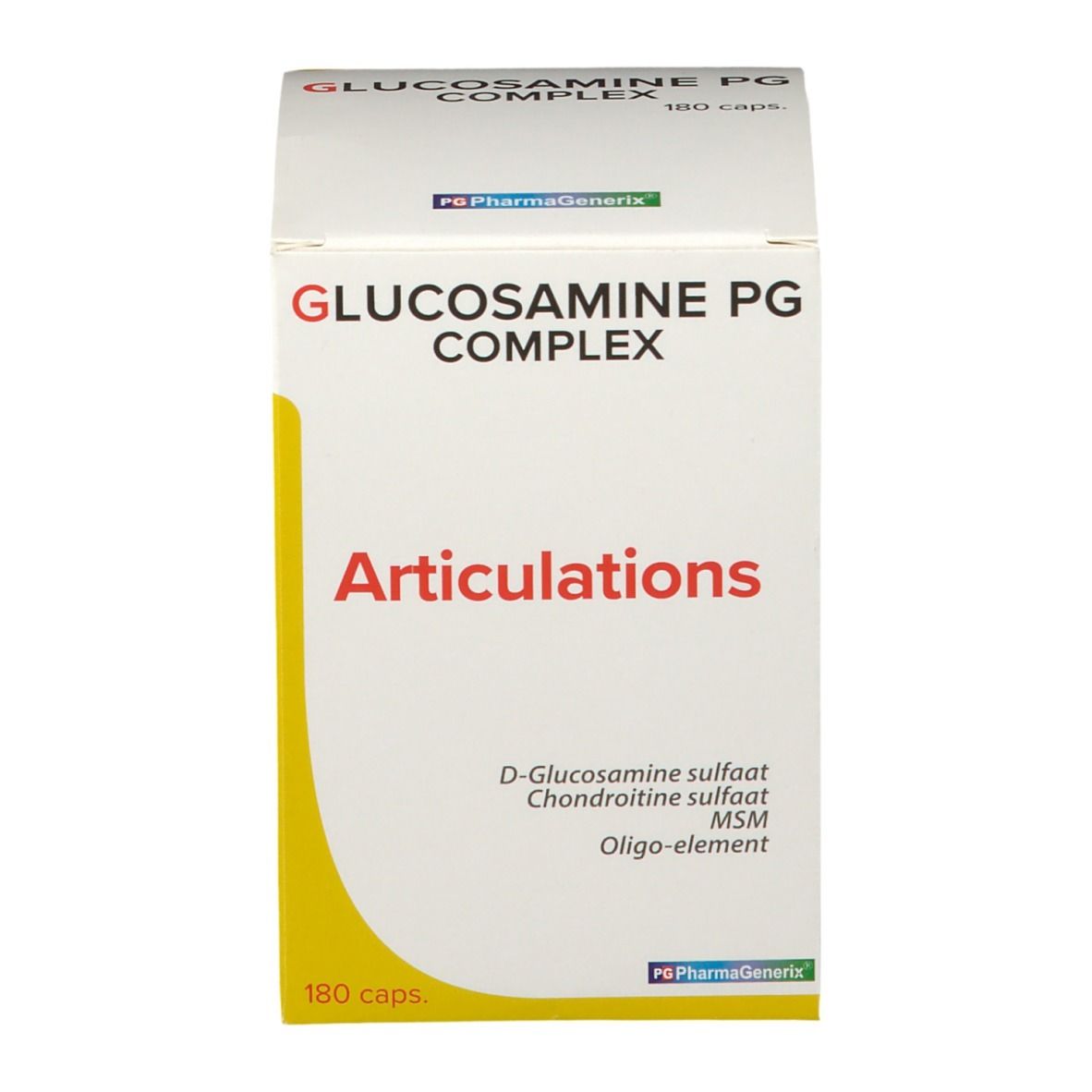 Boîte blanche. Inscription: GLUCOSAMINE PG COMPLEX. 180 capsules. Texte en français et néerlandais. Bande jaune.