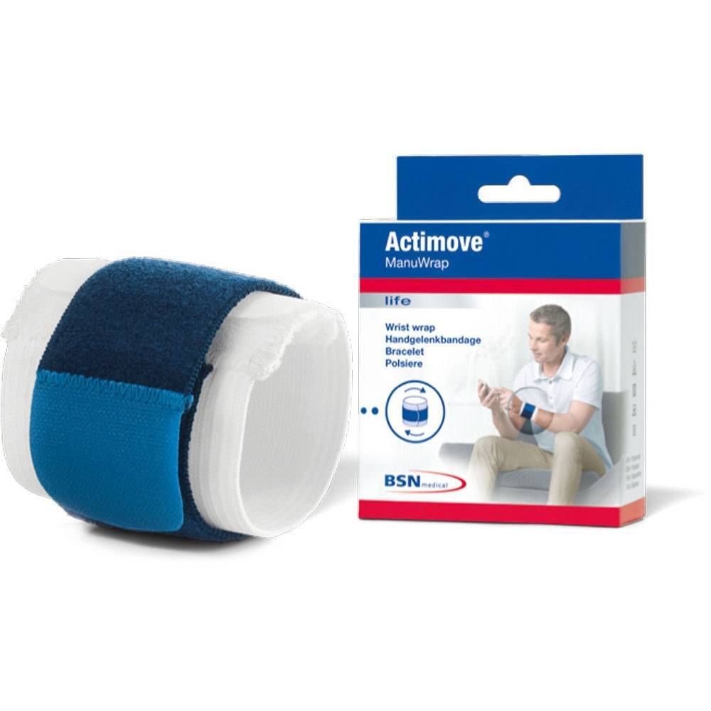 Actimove Manuwrap L/XL. Attelle de poignet bleue et blanche. Emballage avec image du produit et logo.