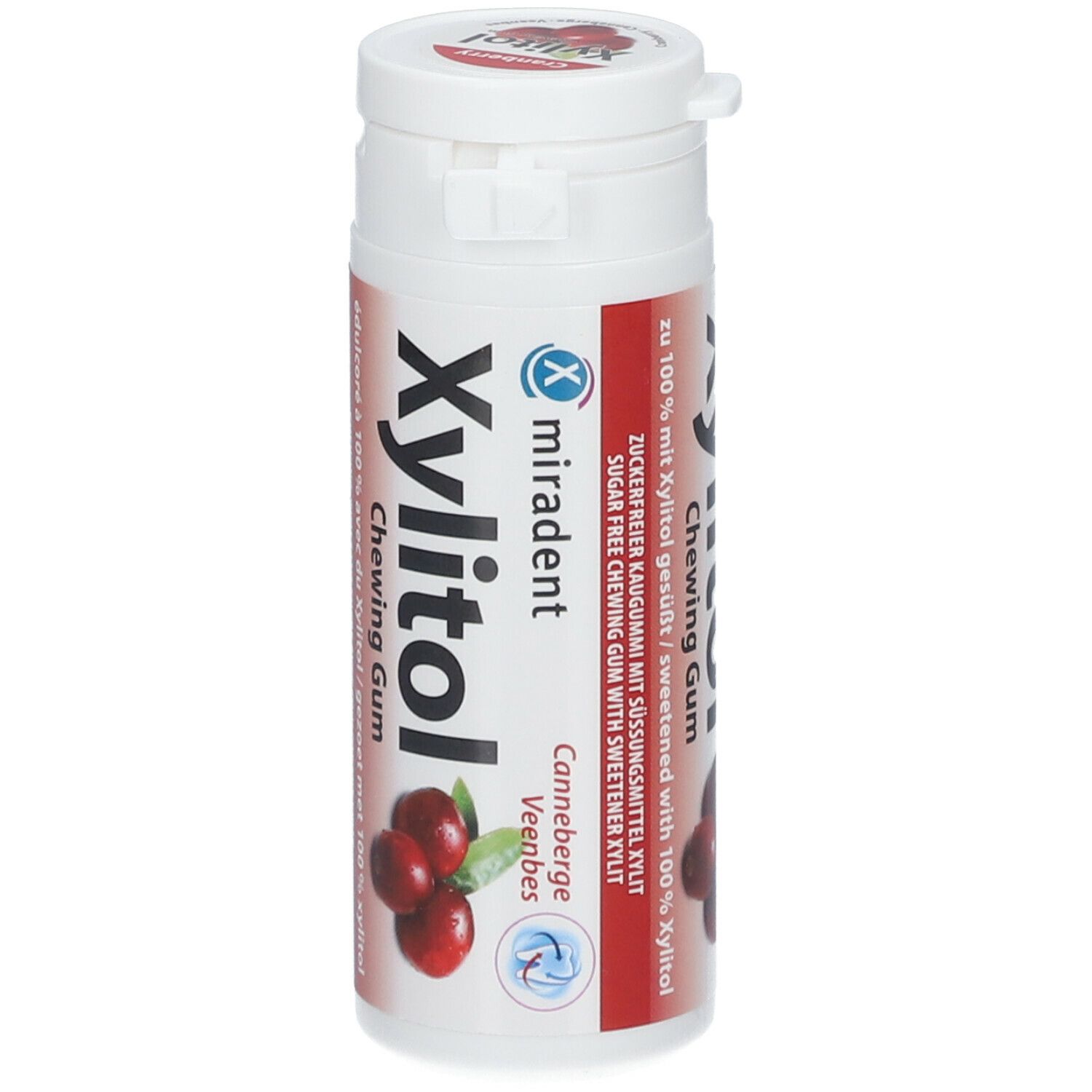 Witte cilindrische doos met Miradent Xylitol kauwgom. Cranberry-illustratie. Tekst: Suikervrije kauwgom met zoetstof xylitol.