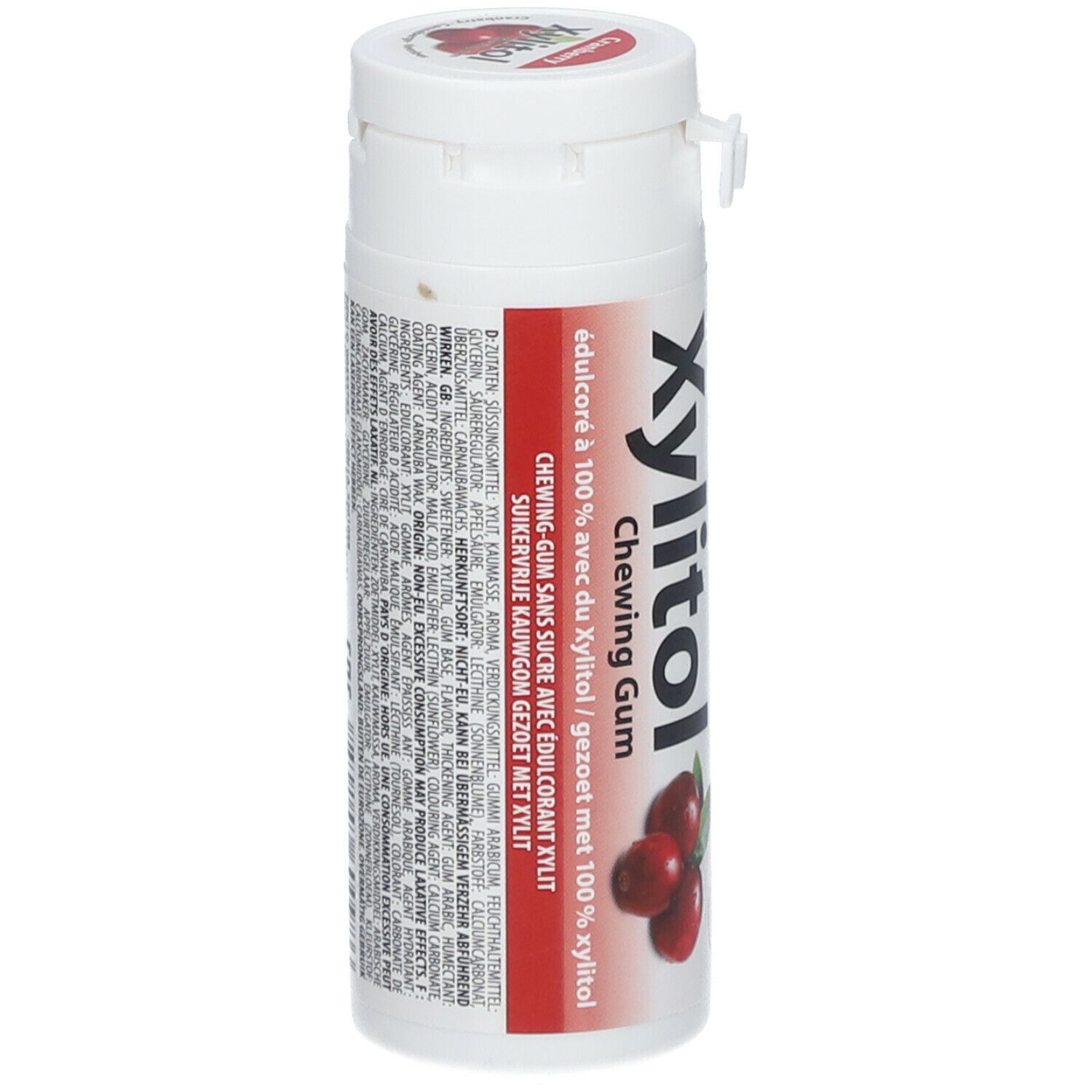 Witte cilindrische doos met Miradent Xylitol kauwgom. Cranberry-illustratie. Tekst: Suikervrije kauwgom met zoetstof xylitol.