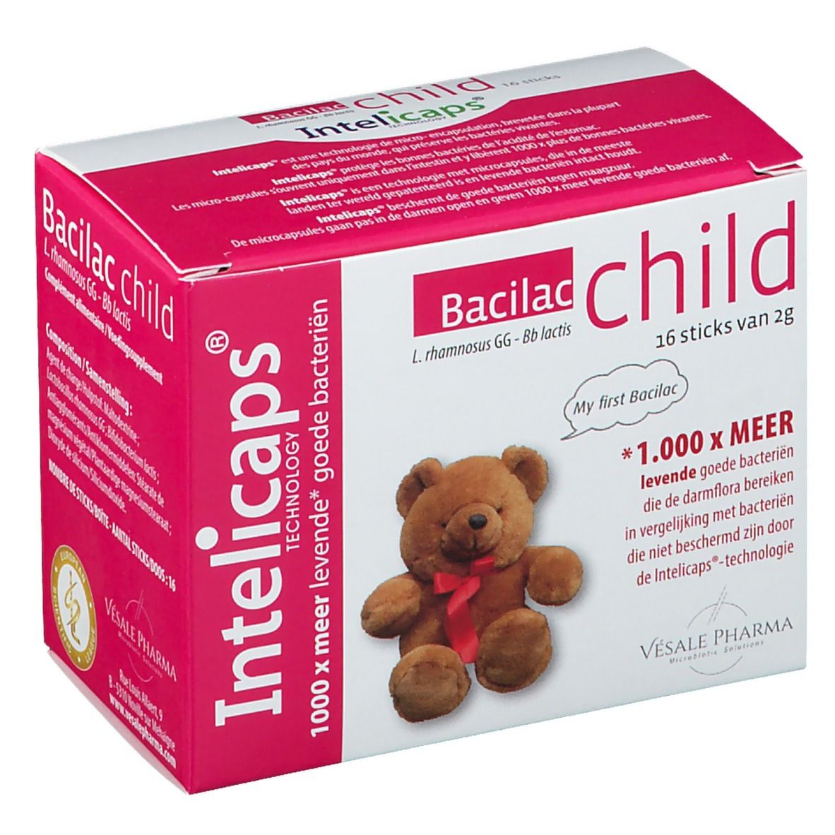 Boîte "Bacilac child" avec 16 sticks. Illustration d'ours en peluche. Technologie "Intelicaps".