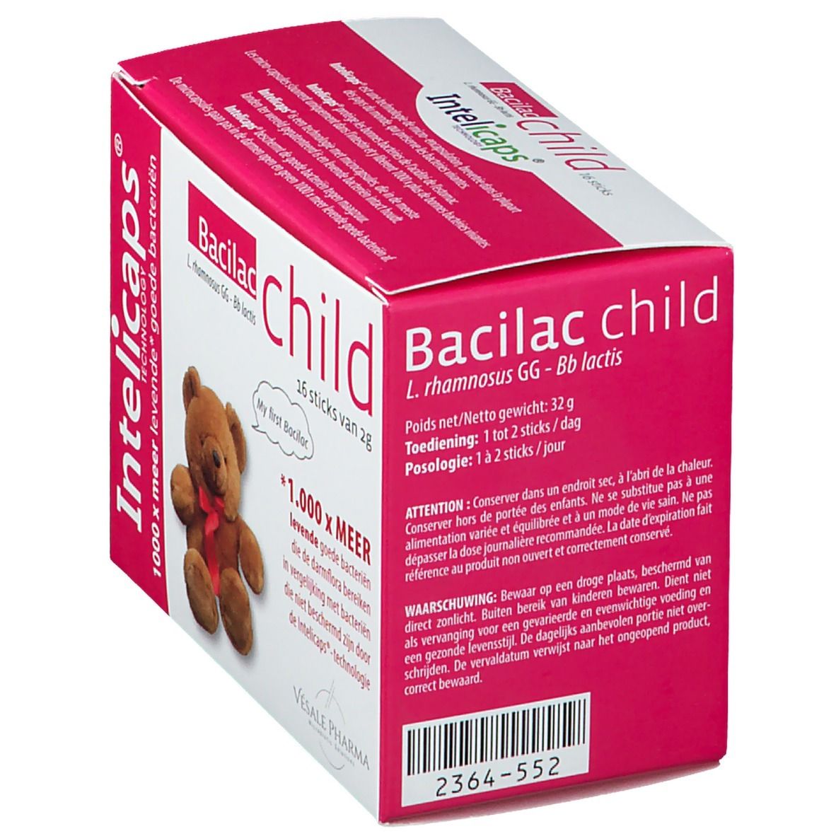 Boîte "Bacilac child" avec 16 sticks. Illustration ours en peluche. Technologie "Intelicaps". Vue arrière.