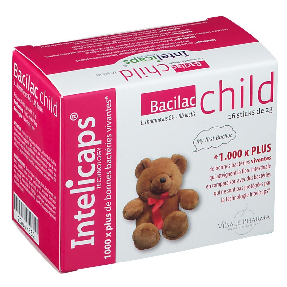 Boîte "Bacilac child" avec 16 sticks. Ours en peluche. Technologie "Intelicaps". Inscription "1.000 x PLUS".