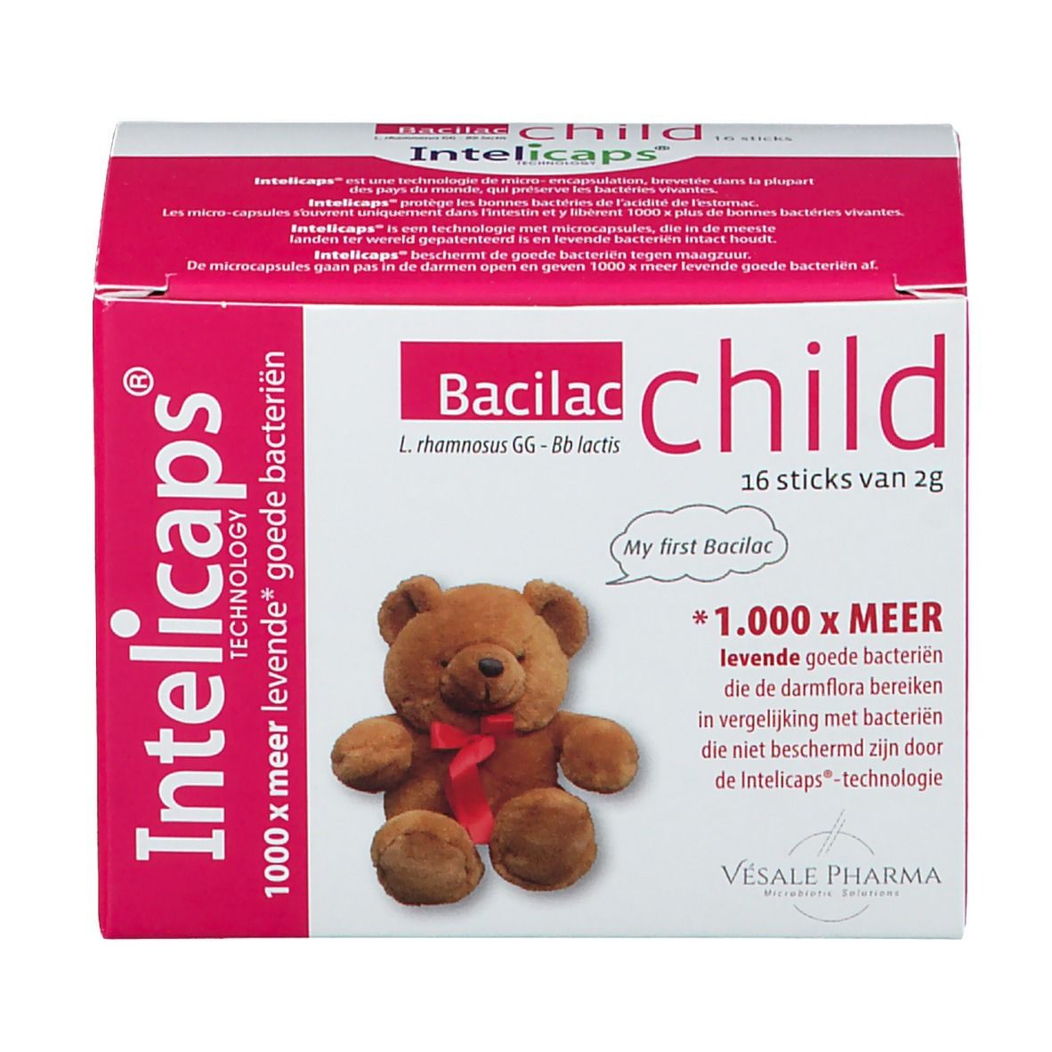 Boîte "Bacilac child" avec 16 sticks. Ours en peluche. Technologie "Intelicaps". Vue de face.