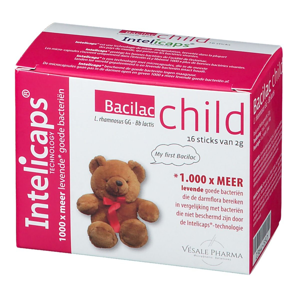 Boîte "Bacilac child" avec 16 sticks. Ours en peluche. Technologie "Intelicaps". Vue de face.