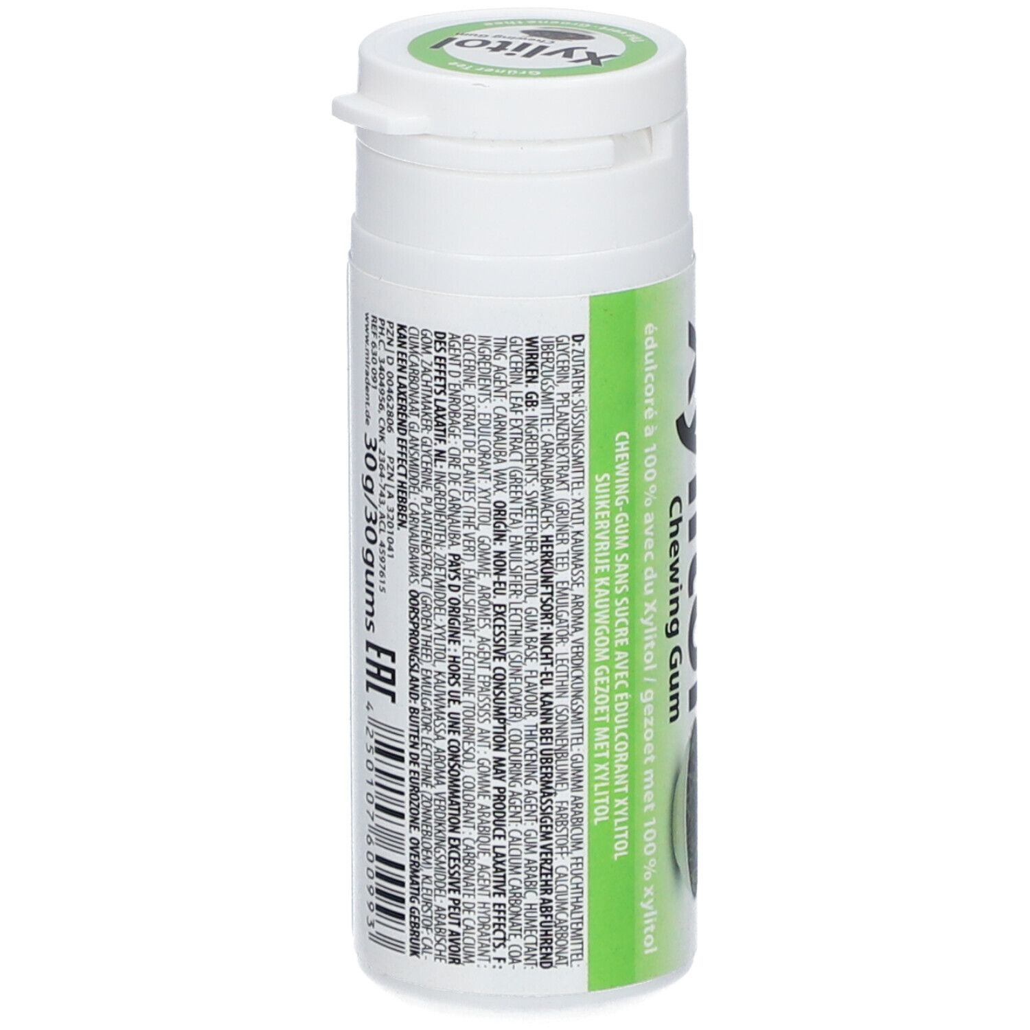 Flacon blanc avec texte et code-barres. Inscription : Xylitol Chewing Gum. Ingrédients. Logo Miradent.