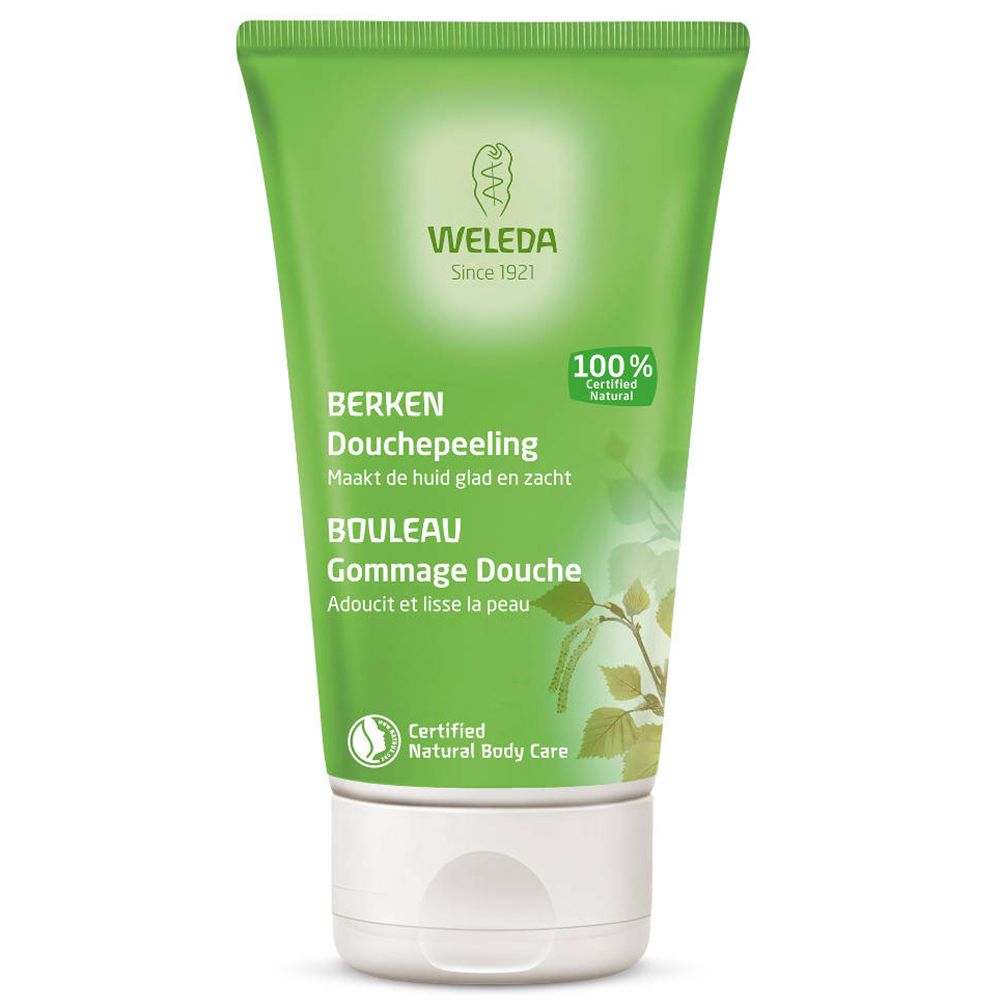 Grüne Tube mit weißem Verschluss. Text: Weleda, Berken Douchepeeling, Bouleau Gommage Douche. Siegel: Certified Natural Body Care.