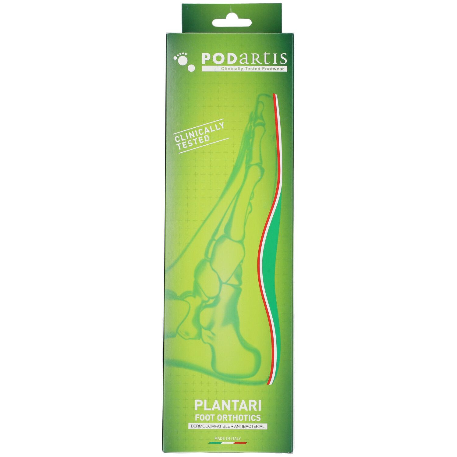 Emballage vert avec logo Podartis et illustration d'orthèses plantaires. Texte : Clinically Tested, Plantari Foot Orthotics.