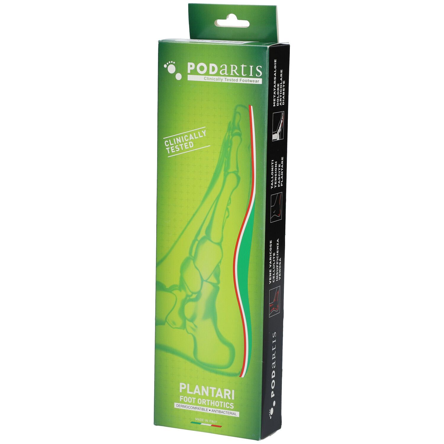Emballage vert avec image de pied et texte. Cliniquement testé. Plantari Foot Orthotics. Logo Podartis.