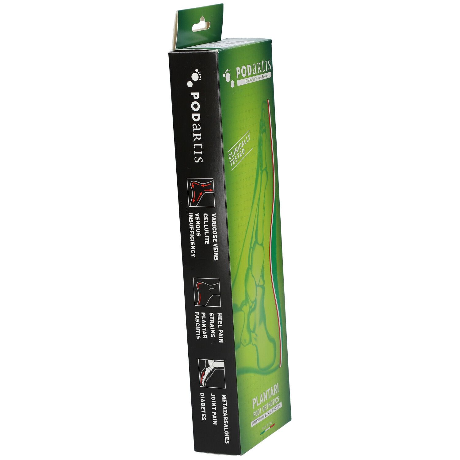 Emballage vert étroit. Texte: Varices, cellulite, insuffisance veineuse, douleurs au talon, fasciite plantaire, diabète. Logo Podartis.
