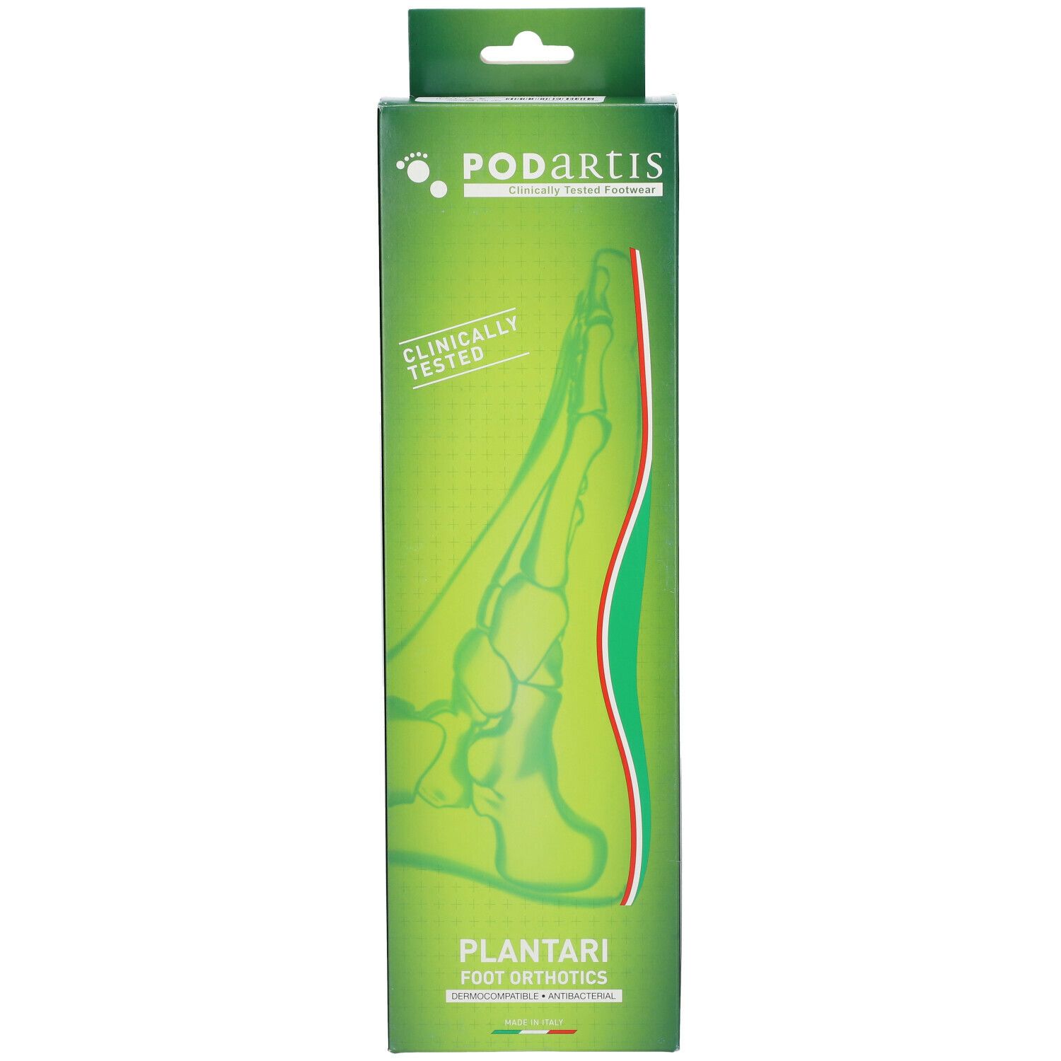 Emballage vert avec image de pied et texte. Cliniquement testé. Plantari Foot Orthotics. Logo Podartis.