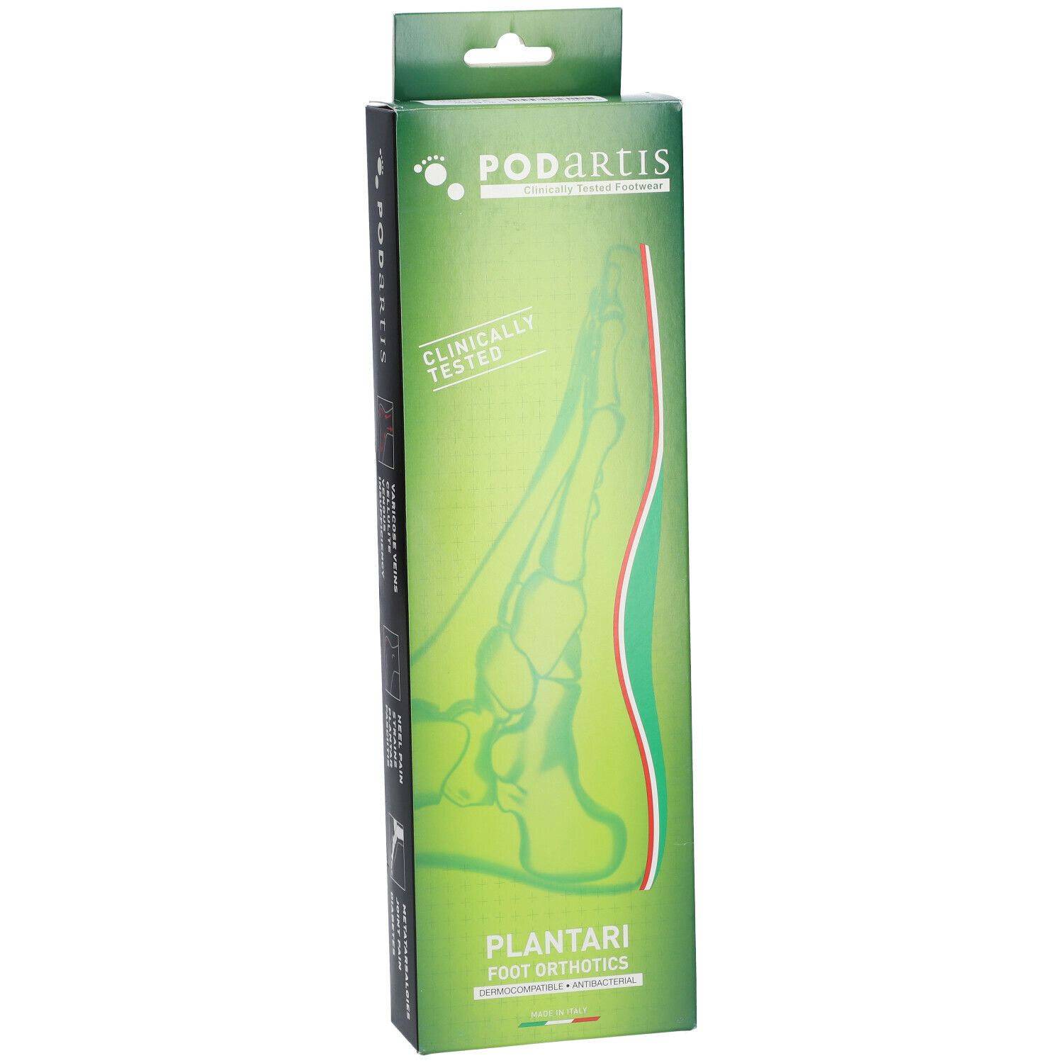 Emballage vert avec image de pied et texte. Cliniquement testé. Plantari Foot Orthotics. Logo Podartis.