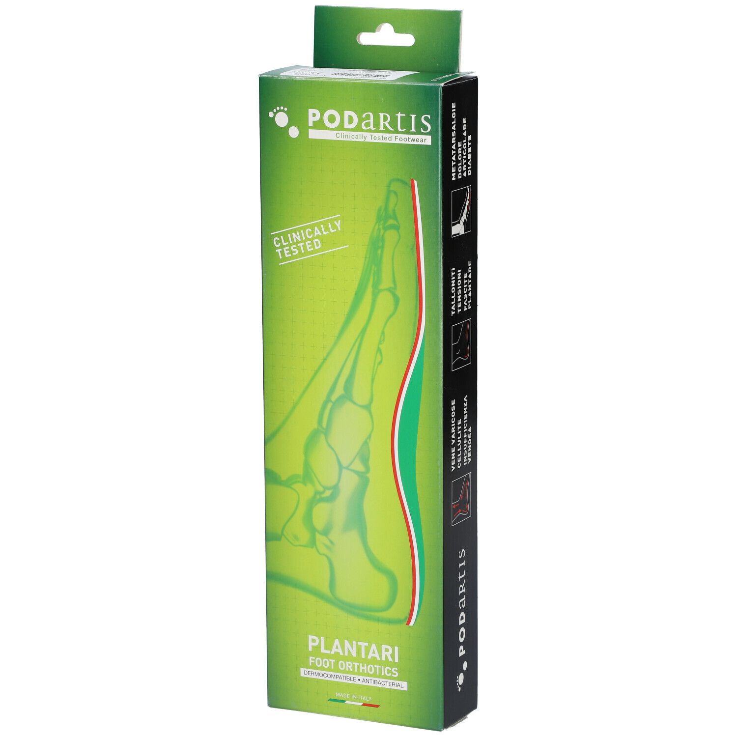 Boîte Podartis Plantari. Design vert et blanc avec image de pied et texte. "Clinically Tested" et "Foot Orthotics".