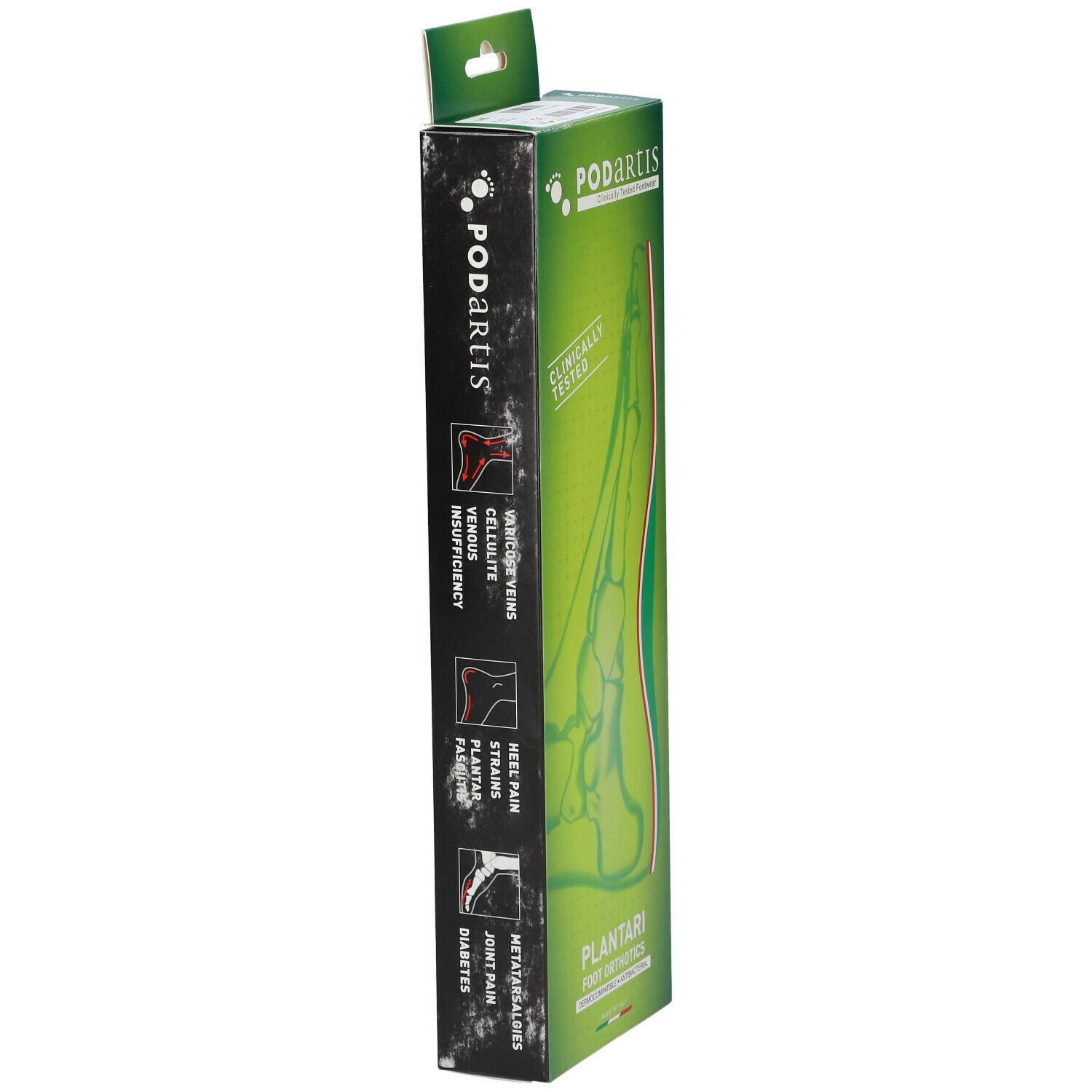 Boîte Podartis étroite et haute. Design vert et blanc avec image de pied et texte. "Clinically Tested" et "Foot Orthotics".