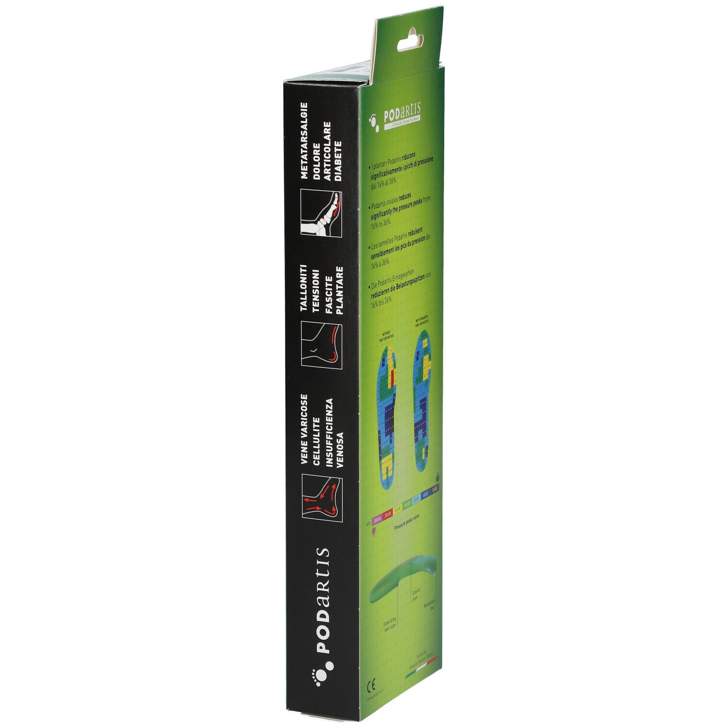 Vue latérale de la boîte Podartis. Sections de texte informatives. Design vert et blanc. Logo Podartis et "Plantari Foot Orthotics".
