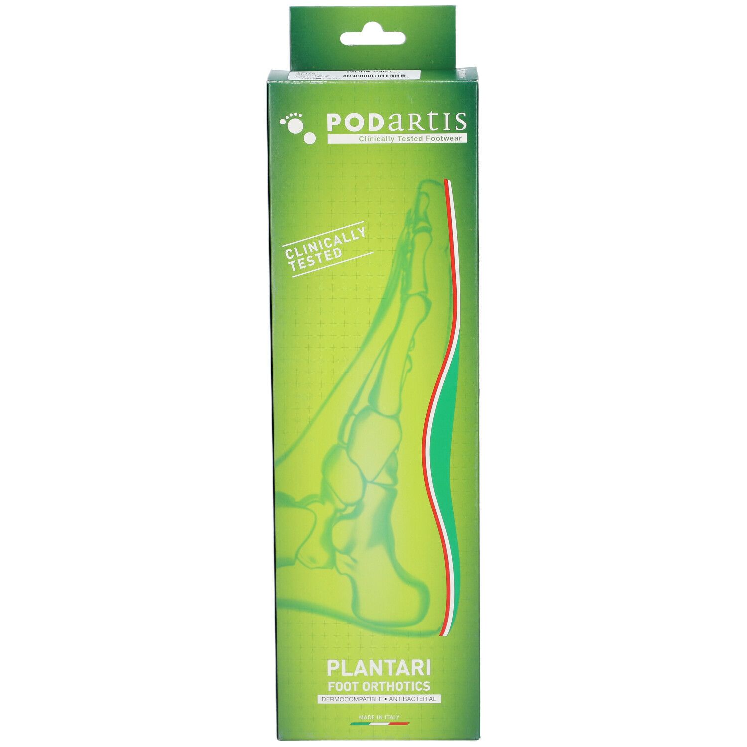 Boîte Podartis, face avant. Design vert et blanc avec image de pied. "Clinically Tested" et "Foot Orthotics".