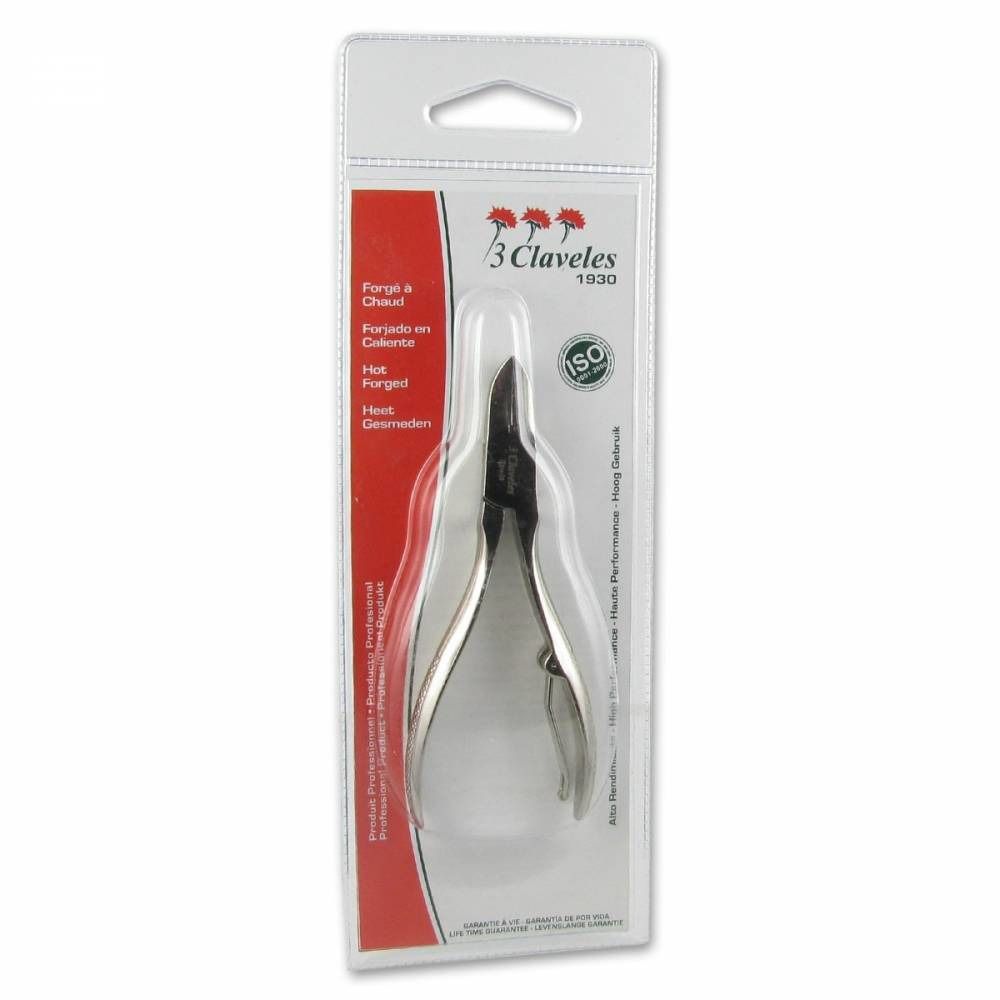 Nageltang in blisterverpakking. Merk 3 Claveles. ISO-certificering. Metalen gereedschap met zwarte snijkant.