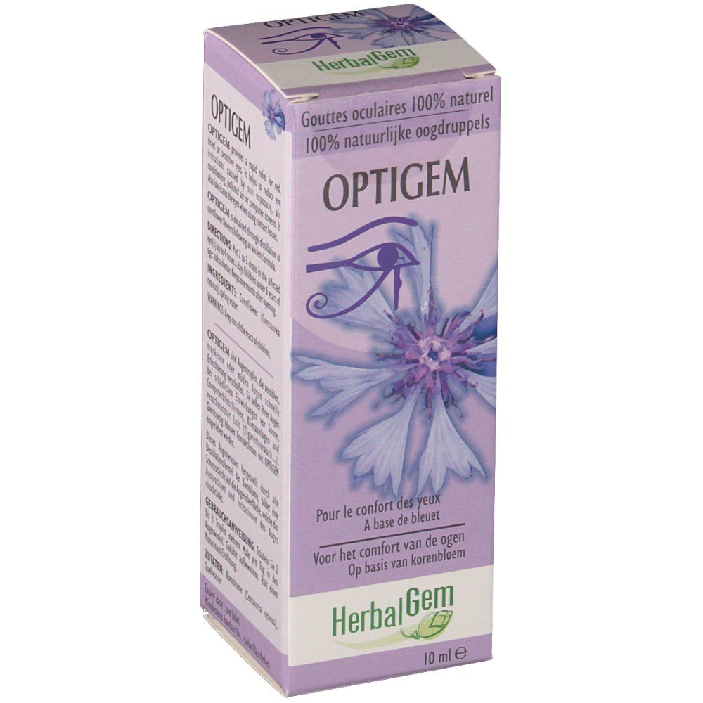 Boîte d'Optigem, gouttes oculaires. Emballage violet avec nom du produit, illustration de bleuet et texte multilingue.