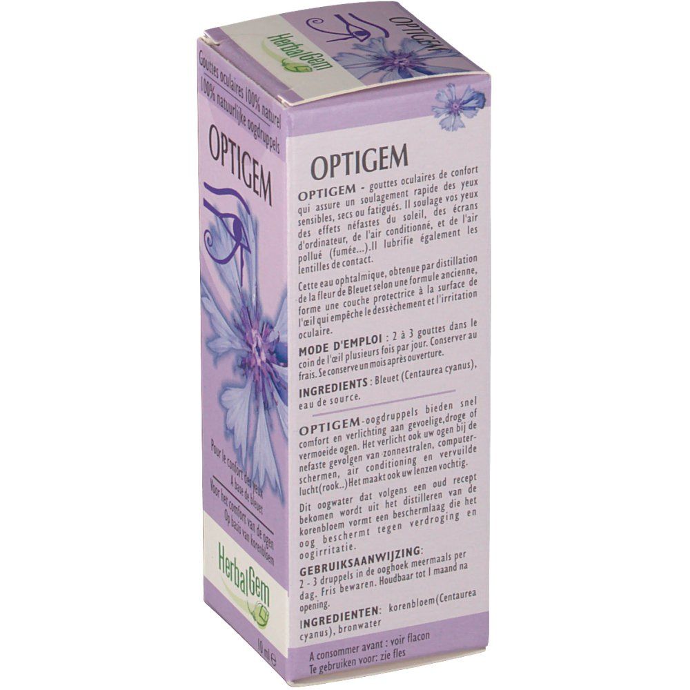 Dos de la boîte Optigem. Texte multilingue, description et ingrédients. Logo Herbalgem.