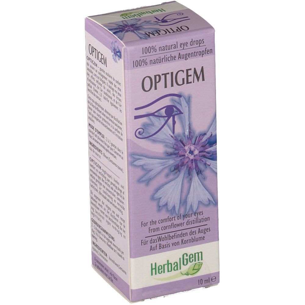 Boîte d'Optigem, gouttes oculaires. Emballage violet avec nom du produit, illustration de bleuet et texte multilingue.