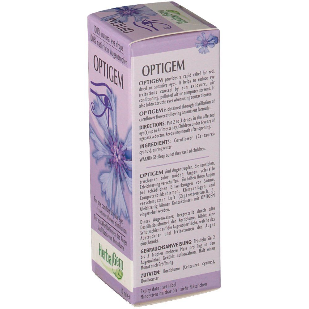 Dos de la boîte Optigem. Texte multilingue, description et ingrédients. Logo Herbalgem.