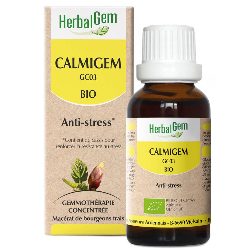 Bruine glazen fles met witte dop en geel etiket. Opschrift: CALMIGEM BIO, Anti-stress. Met verpakking.