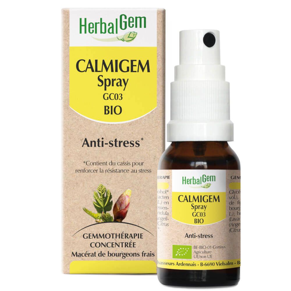Flacon en verre brun avec vaporisateur blanc et carton. Inscription: CALMIGEM Spray BIO Anti-stress. Avec label bio.