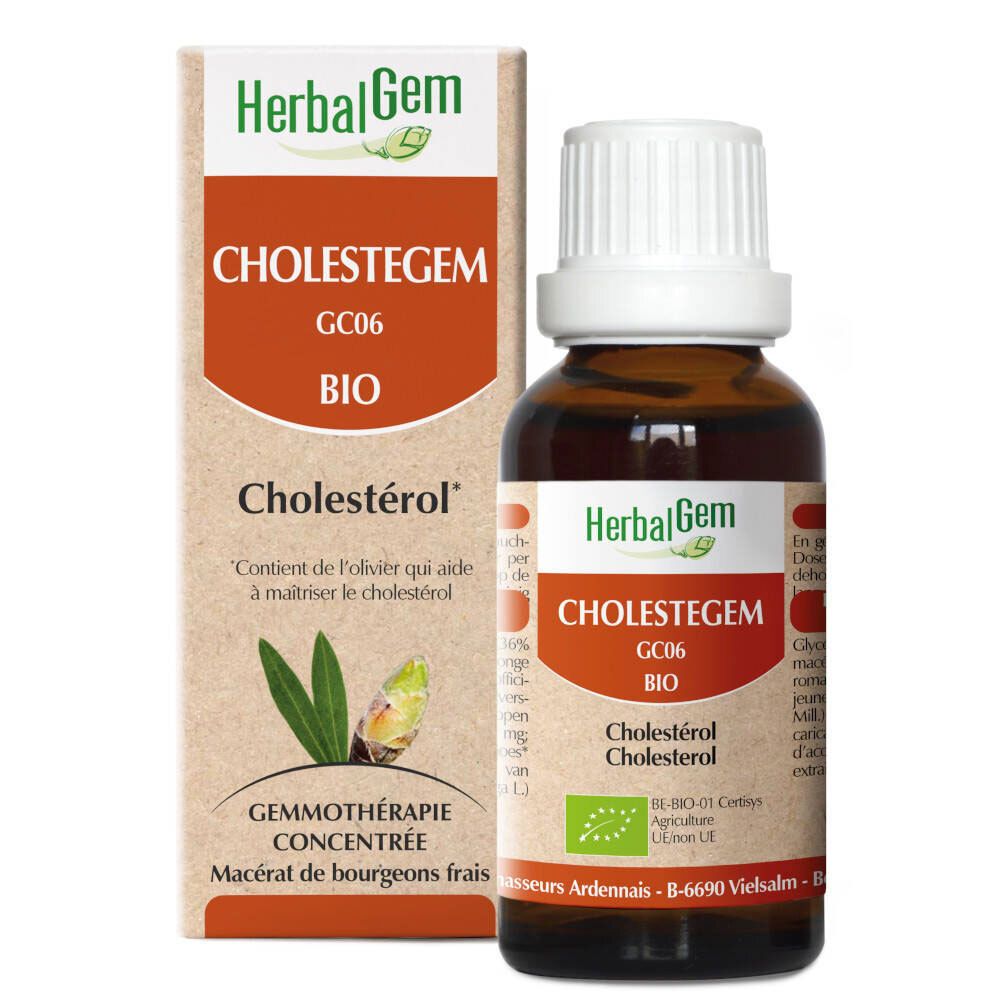 Flacon et boîte en verre brun. Inscription: HerbalGem Cholestegem Bio Cholestérol. Avec label bio.