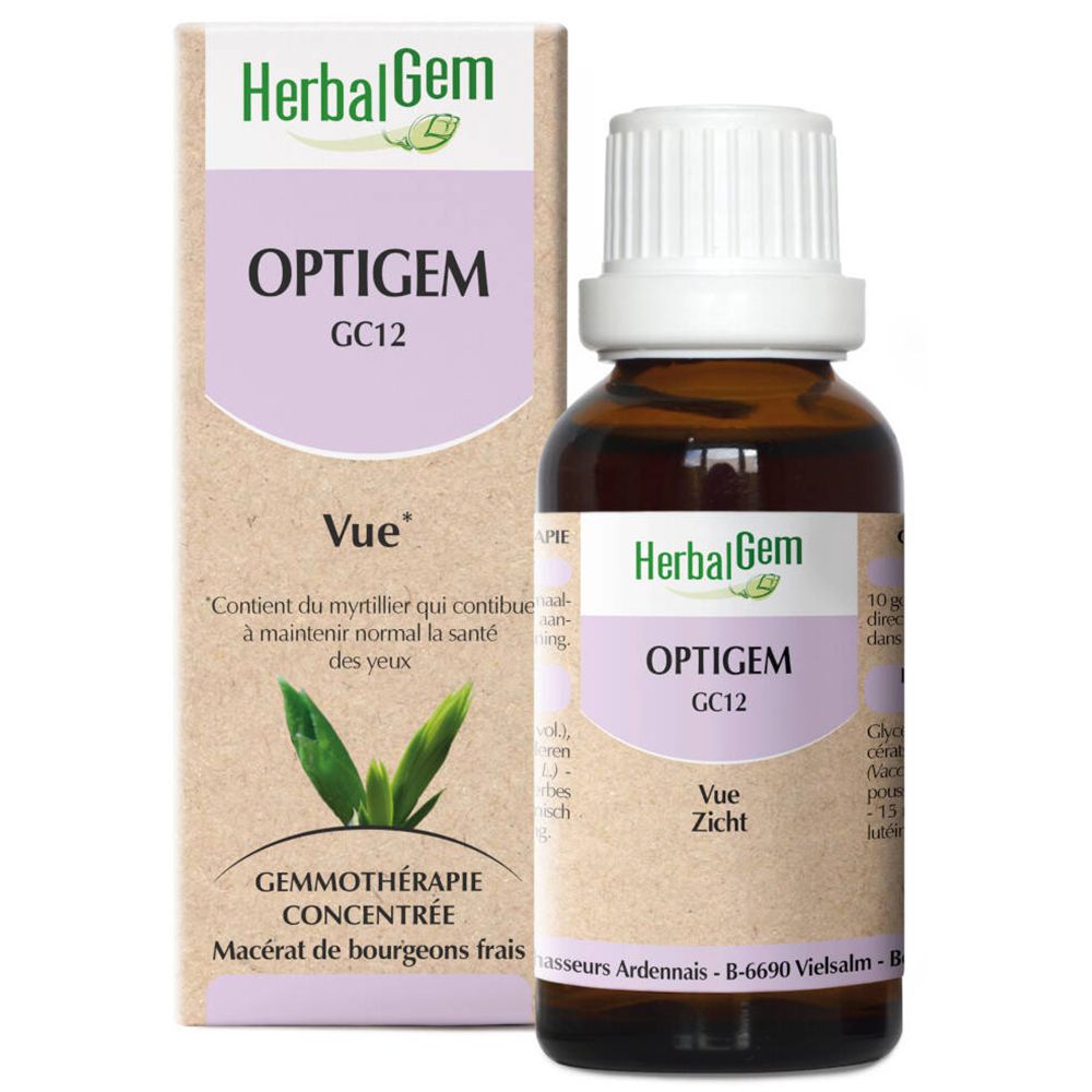 Flacon en verre brun et boîte. Inscription: OPTIGEM GC12 Vue. Logo HerbalGem. Contient du myrtillier.