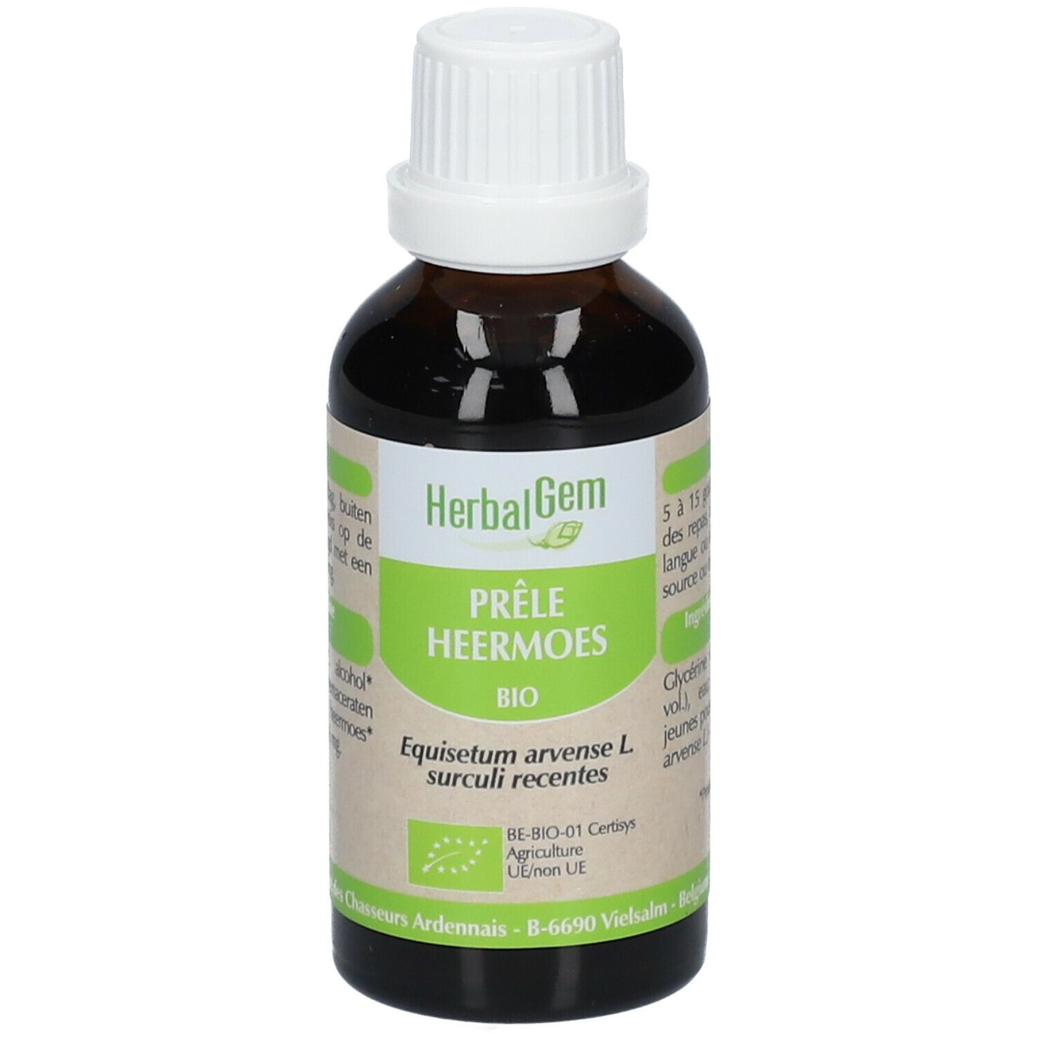 Flacon en verre brun avec bouchon blanc. Étiquette HerbalGem, Prêle Heermoes Bio, et certification biologique.