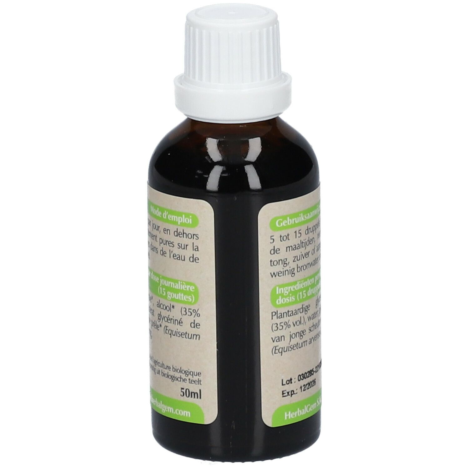 Flacon en verre brun avec bouchon blanc. Étiquette avec informations d'utilisation et ingrédients, 50ml.