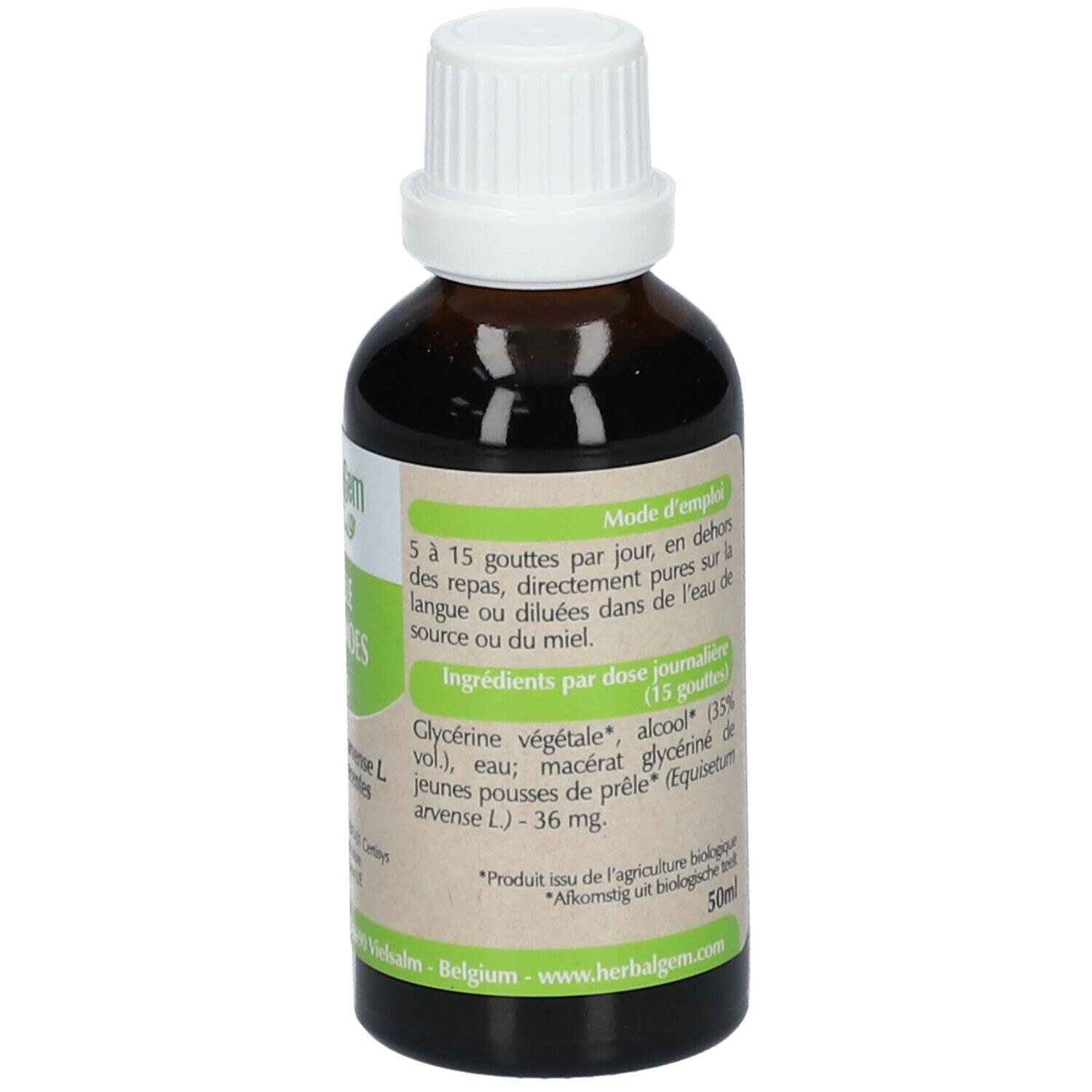 Flacon en verre brun avec bouchon blanc. Étiquette avec informations d'utilisation et ingrédients, 50ml.