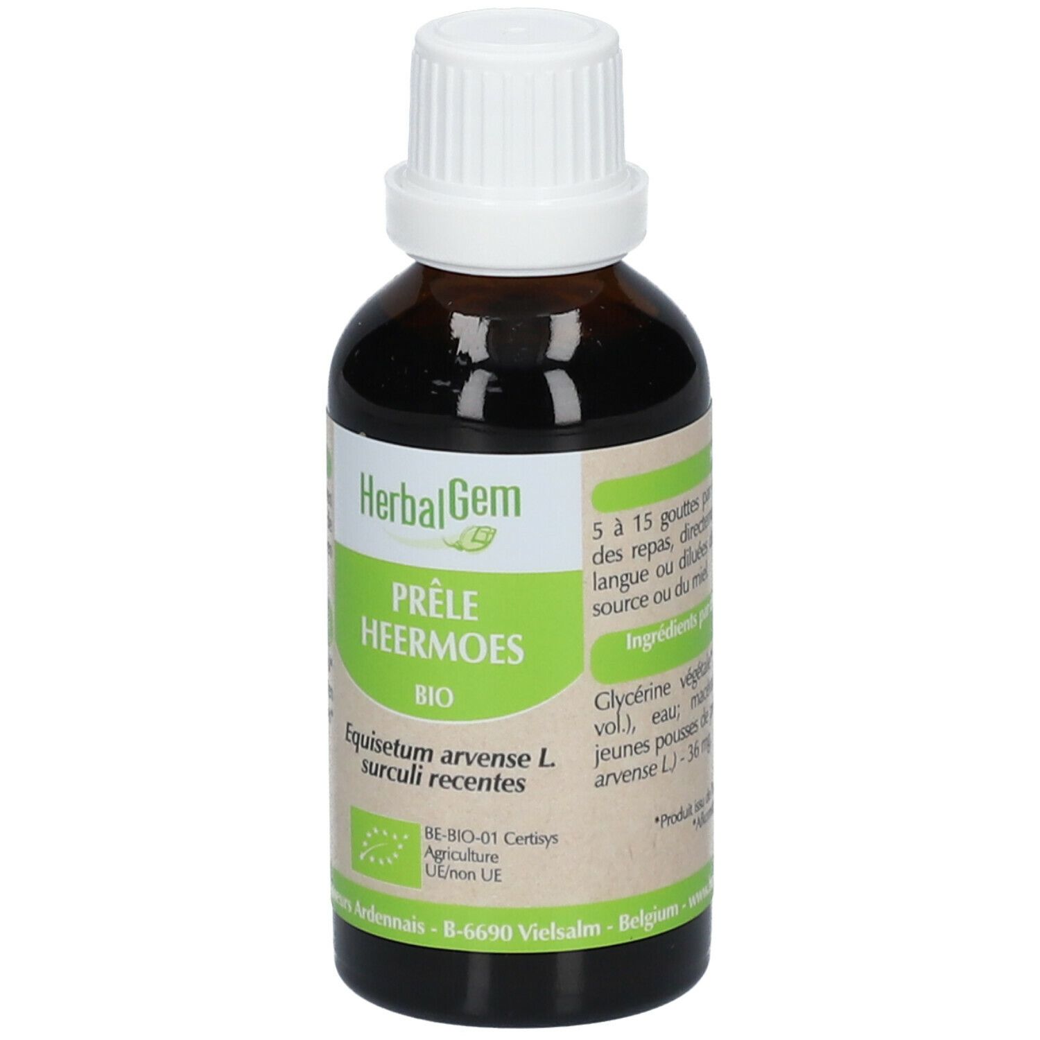 Flacon en verre brun avec bouchon blanc. Étiquette HerbalGem, Prêle Heermoes Bio, et certification biologique.