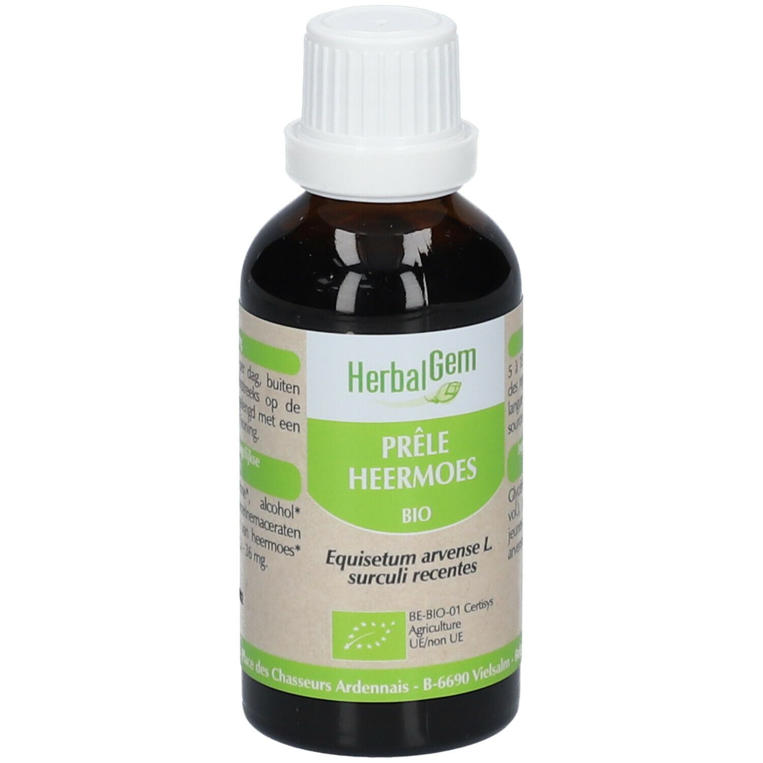 Flacon en verre brun avec bouchon blanc. Étiquette HerbalGem, Prêle Heermoes Bio, et certification biologique.