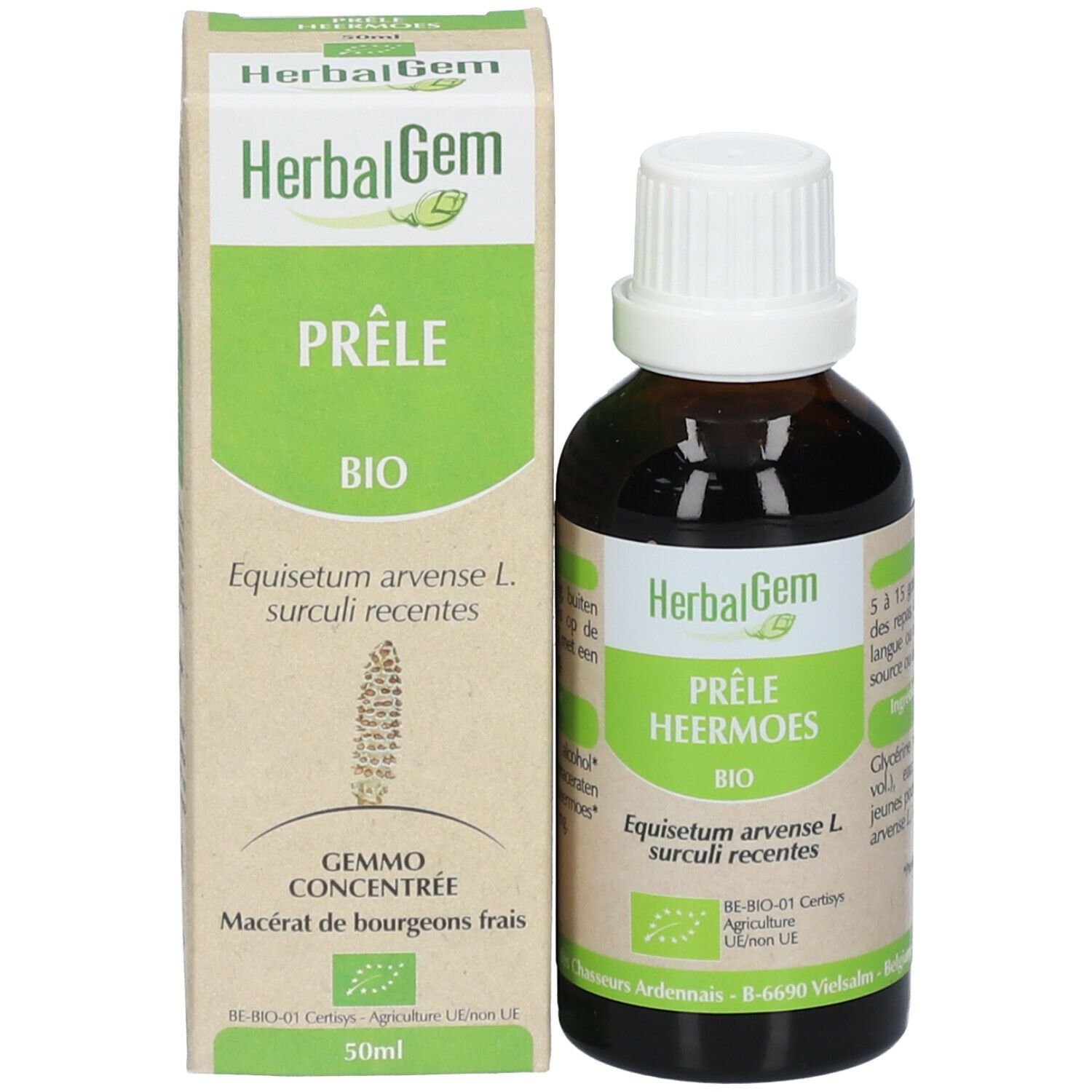 Flacon en verre brun et emballage carton. Sur l'emballage: HerbalGem, Prêle Bio, 50ml, et certification biologique.