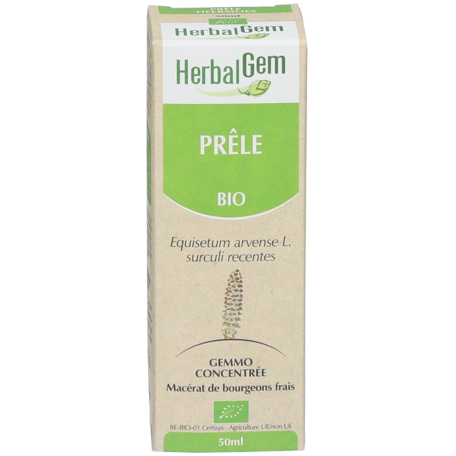 Emballage carton avec HerbalGem, Prêle Bio, 50ml, et certification biologique. Gemmo Concentré.