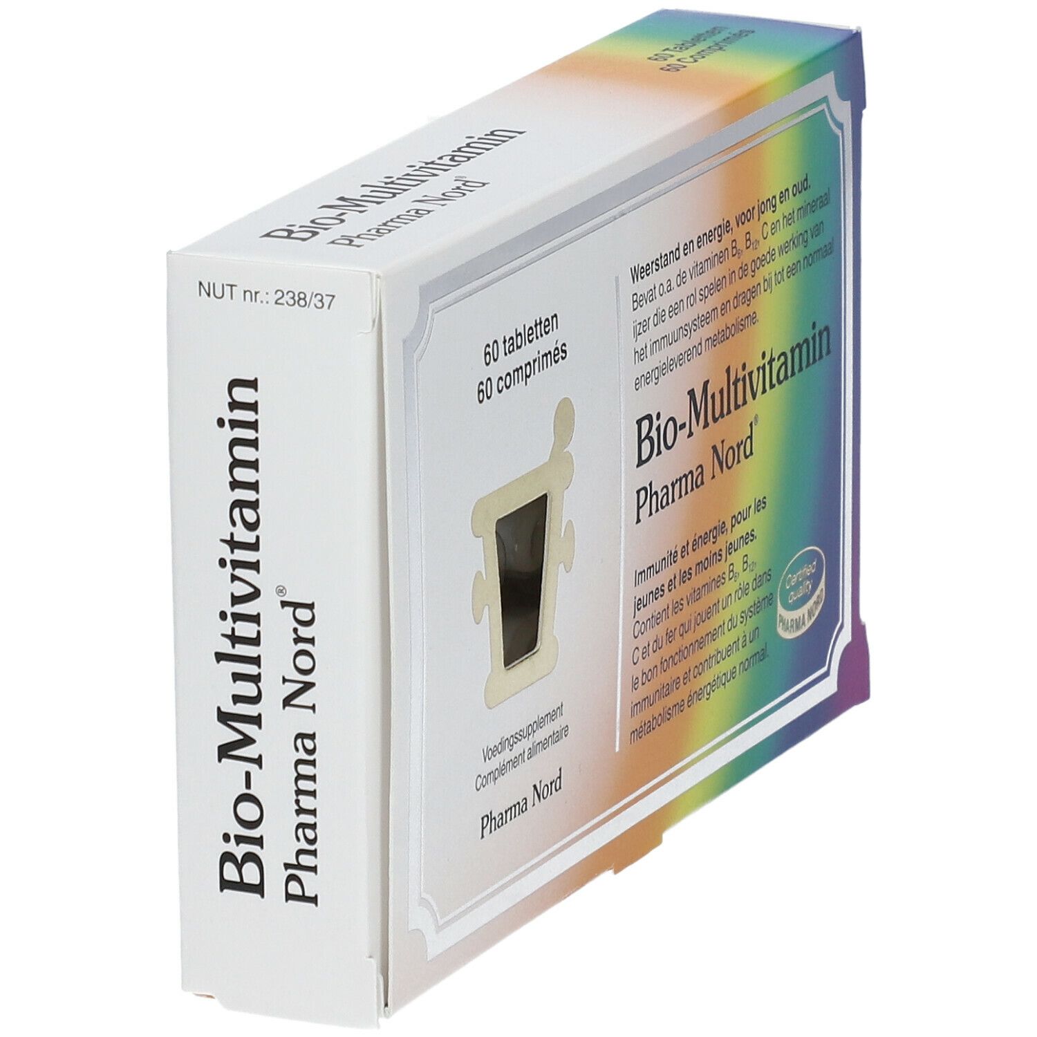 Bio-Multivitamin-Packung, Seitenansicht. Enthält 60 Tabletten. Pharma Nord-Logo.