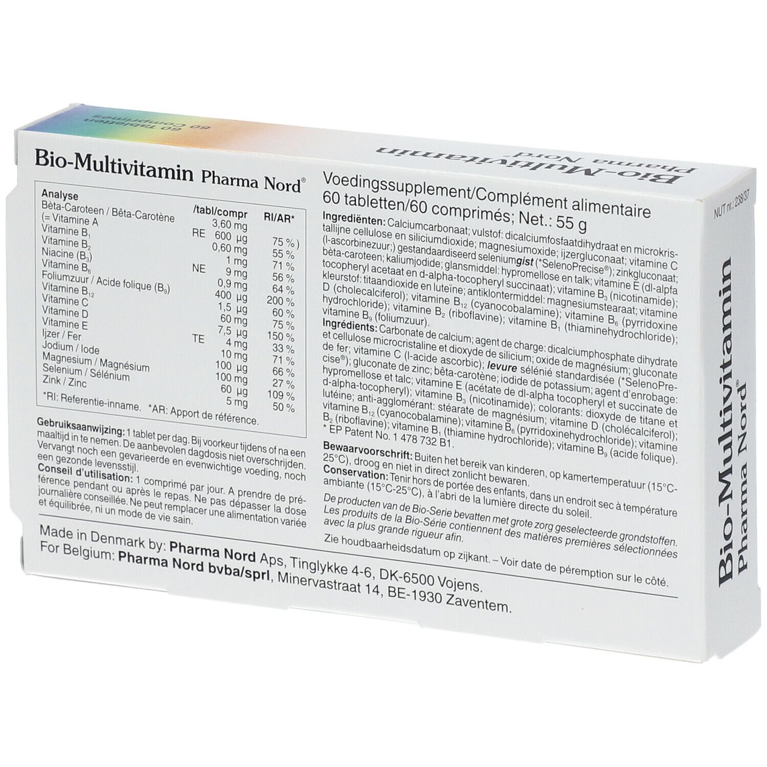 Rückseite der Bio-Multivitamin-Packung. Enthält Nährwertangaben und Inhaltsstoffe.