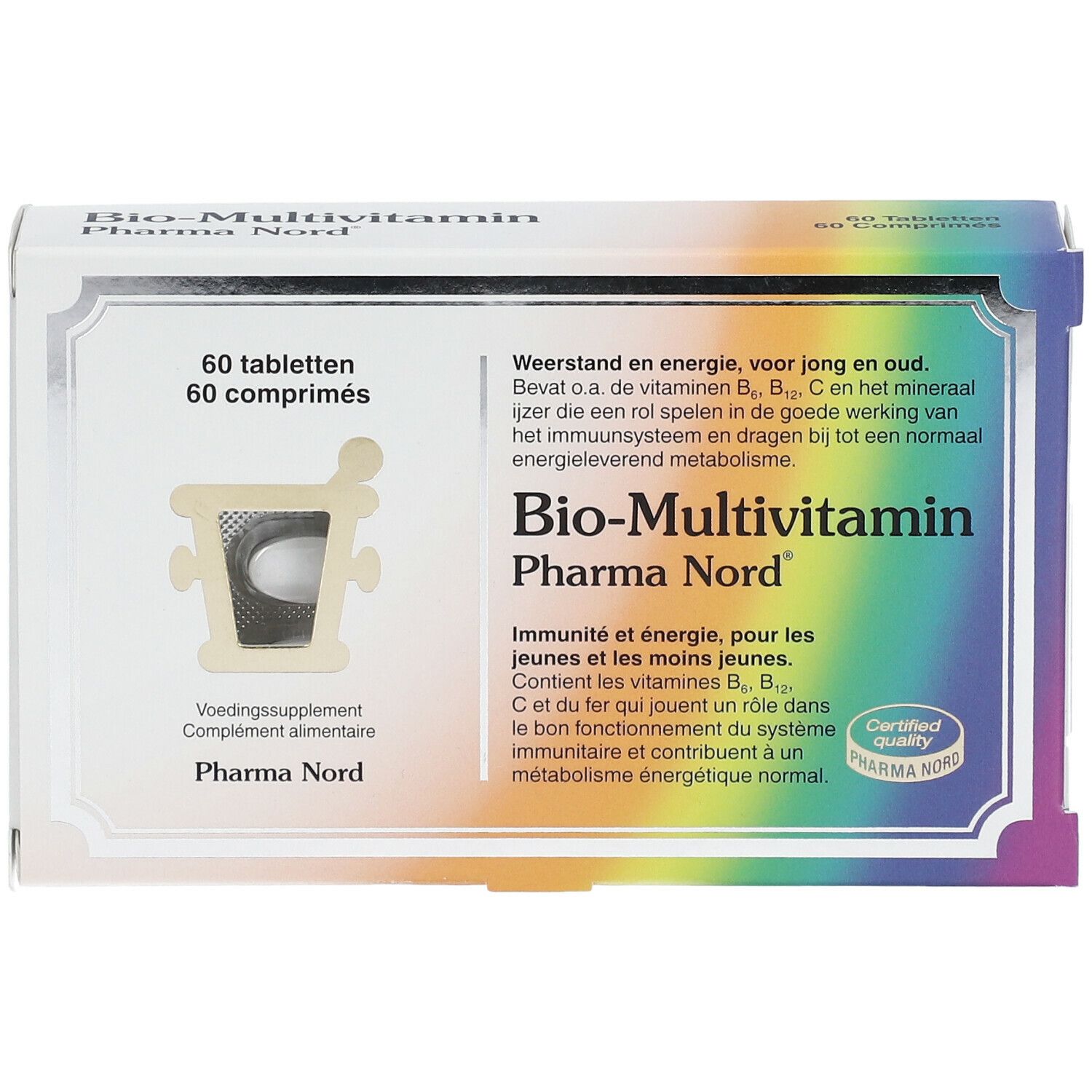 Bio-Multivitamin-Packung. Enthält 60 Tabletten. Pharma Nord-Logo und Zertifizierung.